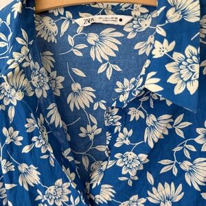 Zara Floral Blue Puff Sleeve Ruffle Shirt Midi Dress 100% Cotton Large